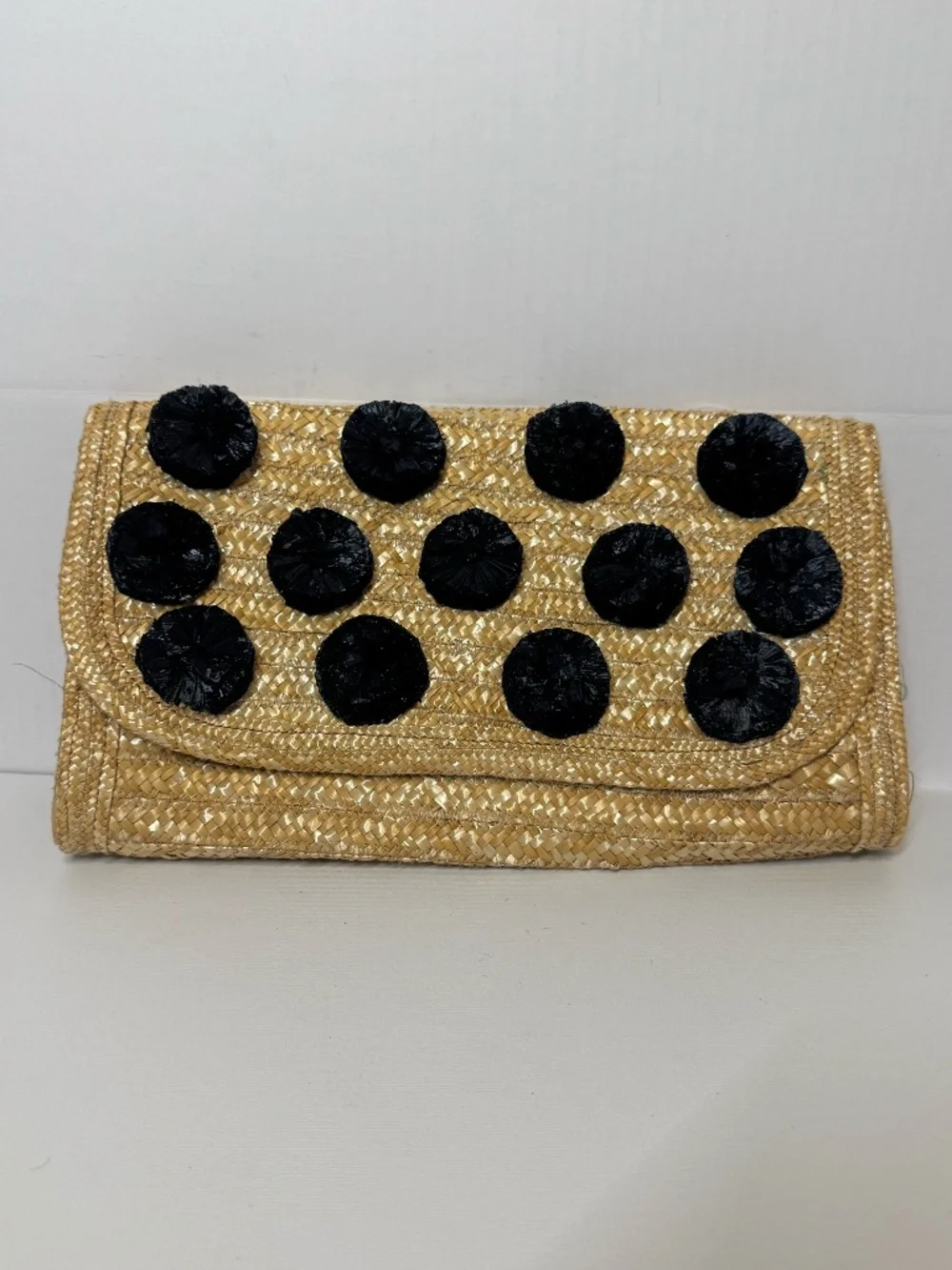 Ann Taylor Straw Raffia Clutch Black Pom Pom Fold Over Envelope Bag